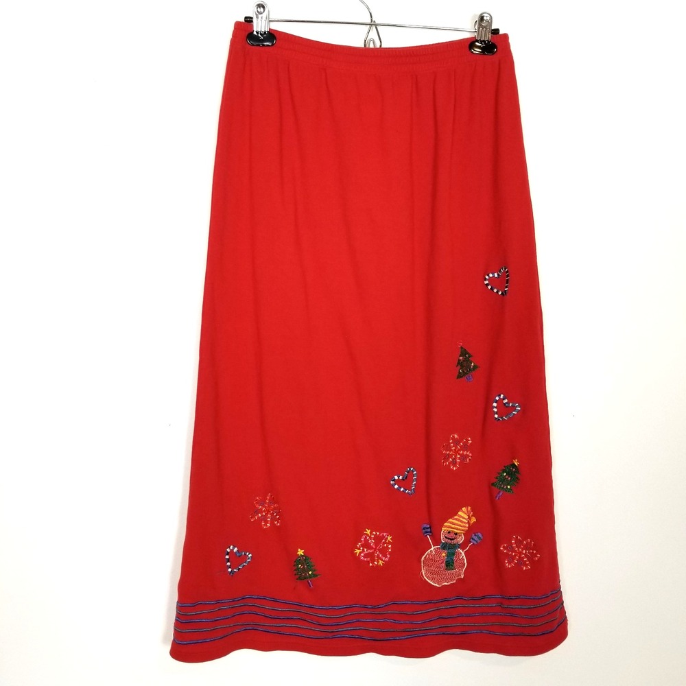 VTG Michael Simon Lite  Christmas Holiday Embroidered Skirt  L Red Elastic Waist